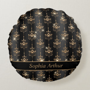 Personalised Gold Sparkle Chandelier Pattern Black Round Cushion