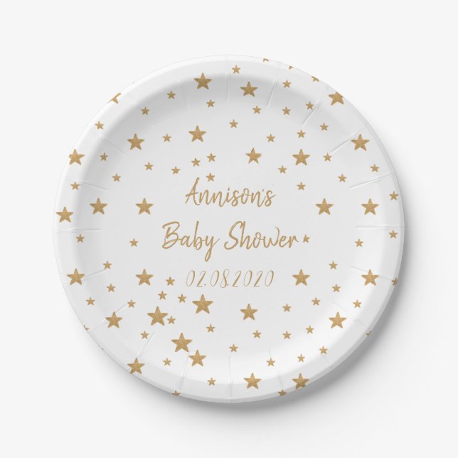 Personalised Gold Star Glitter Girl Baby Shower Paper Plate (Front)