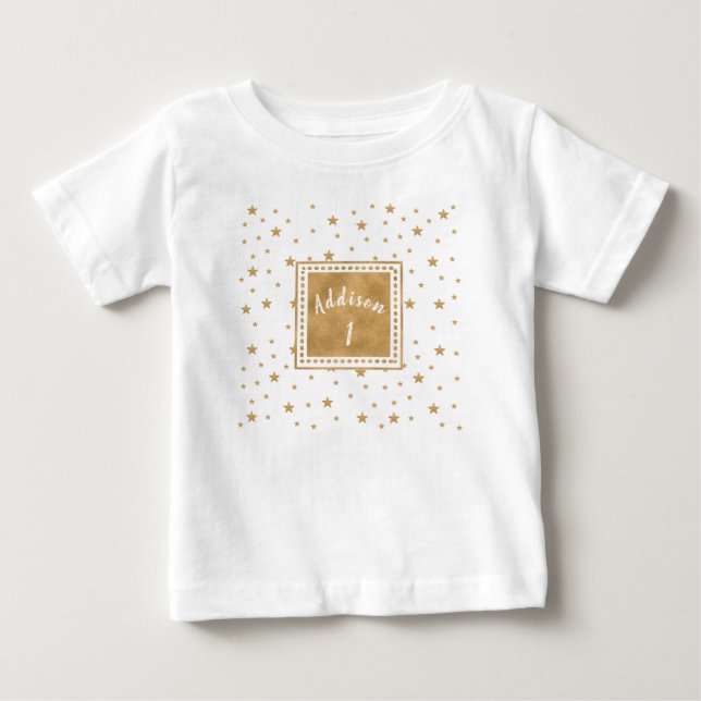 Personalised Gold Star Glitter Girl Birthday  Baby T-Shirt (Front)