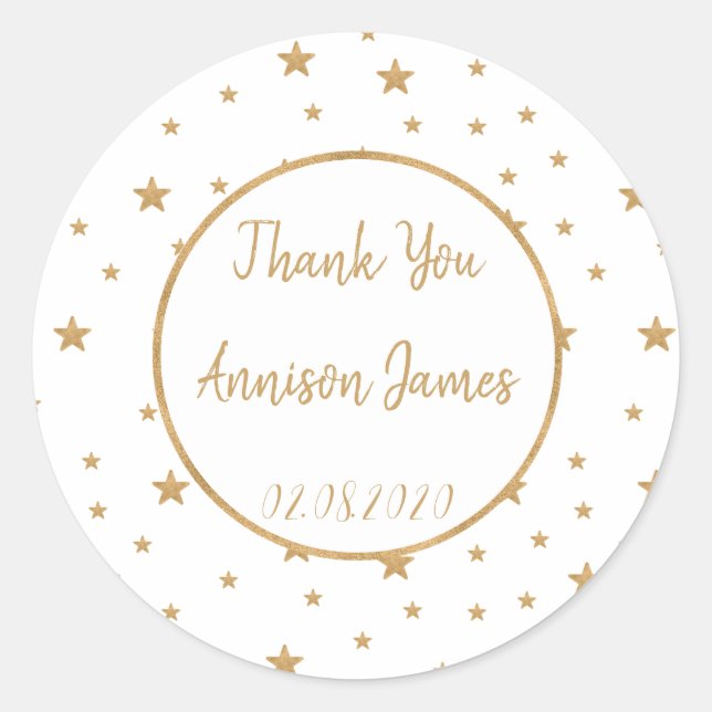 Personalised Gold Star Glitter Sparkle Thank You Classic Round Sticker (Front)