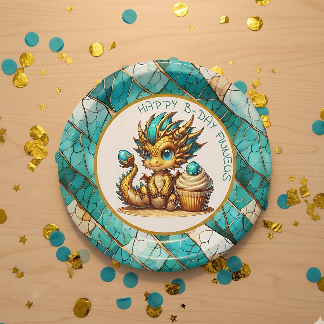Personalised Gold Teal Dragon Boy's Birthday Party Paper Plate (Creator Uploaded)