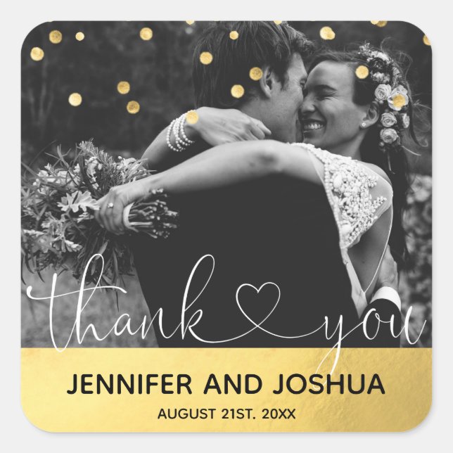 Personalised Gold THANK YOU Heart Wedding | PHOTO Square Sticker (Front)