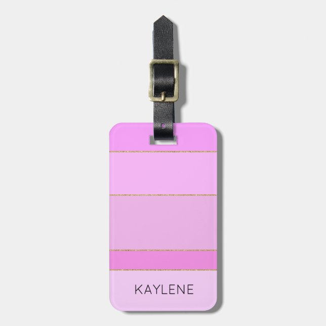 Personalised Gold Trim Pink Stripes Luggage Tag (Front Vertical)