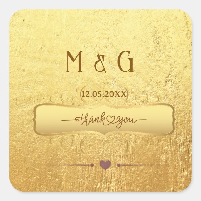 Personalised Gold Wedding Custom Monograms Square Sticker (Front)