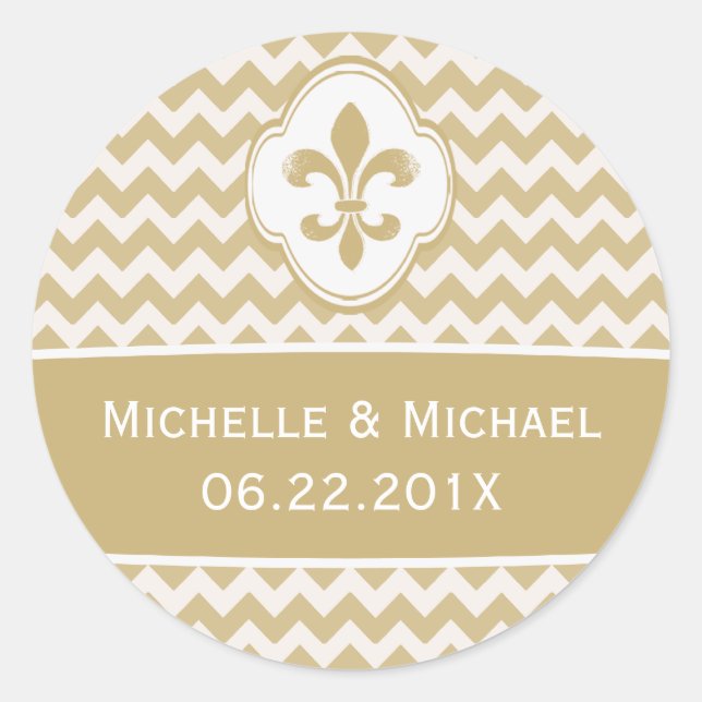 Personalised Gold White Fleur de Lis Chevron Classic Round Sticker (Front)