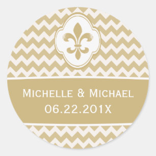 Personalised Gold White Fleur de Lis Chevron Classic Round Sticker
