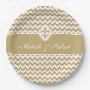 Personalised Gold White Fleur de Lis Chevron Paper Plate