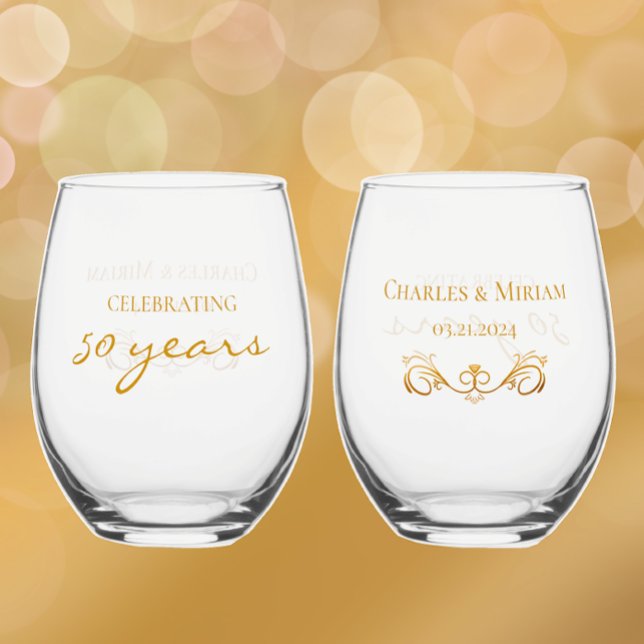 Personalised Golden 50th Anniversary Keepsake Gift Stemless Wine Glass (Add couples names and 50th wedding anniversary date for elegant golden keepsake gift
)