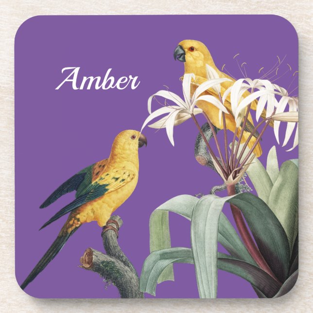 Personalised Golden Conure Parrots on a Purple Coaster (Front)