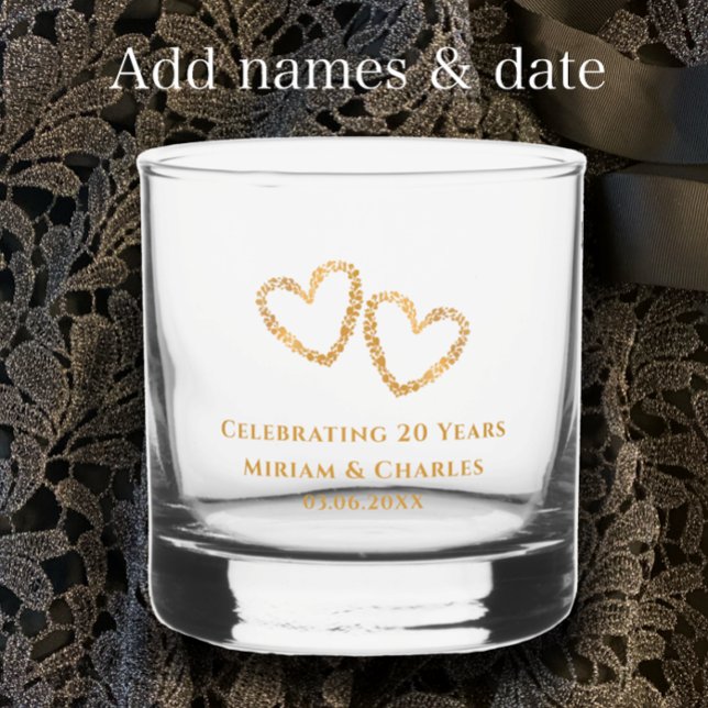Personalised Golden Heart 20th Wedding Anniversary Whiskey Glass (Personalize this elegant unique golden heart 20th wedding anniversary keepsake gift glass.)