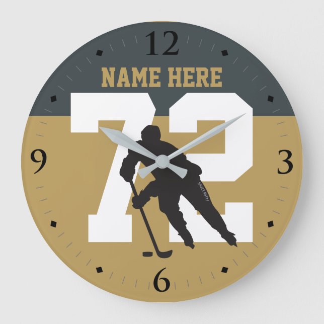Personalised Golden Hockey Player Name Number Large Clock (Front)