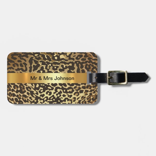 Personalised Golden Leopard Skin Luggage leather Tag (Front Horizontal)