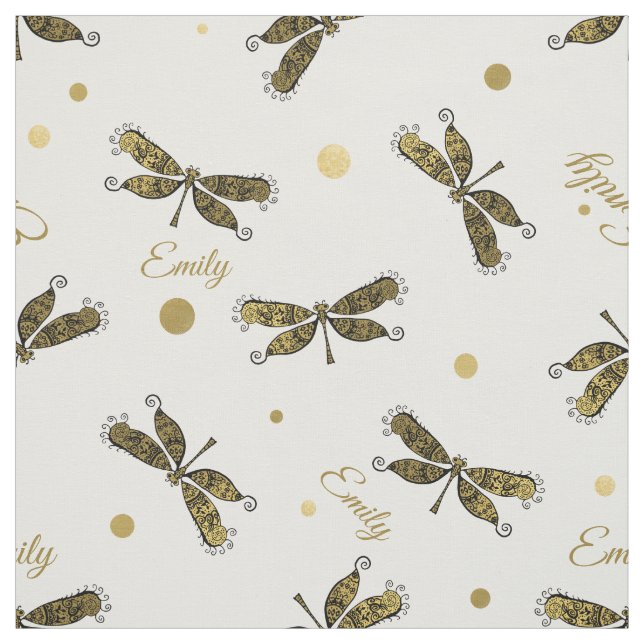 Personalised Golden Name Dots and Dragonfly Fabric (Swatch)