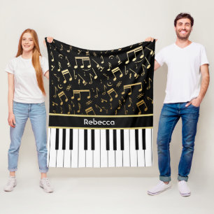 Personalised golden notes and piano keys fleece blanket