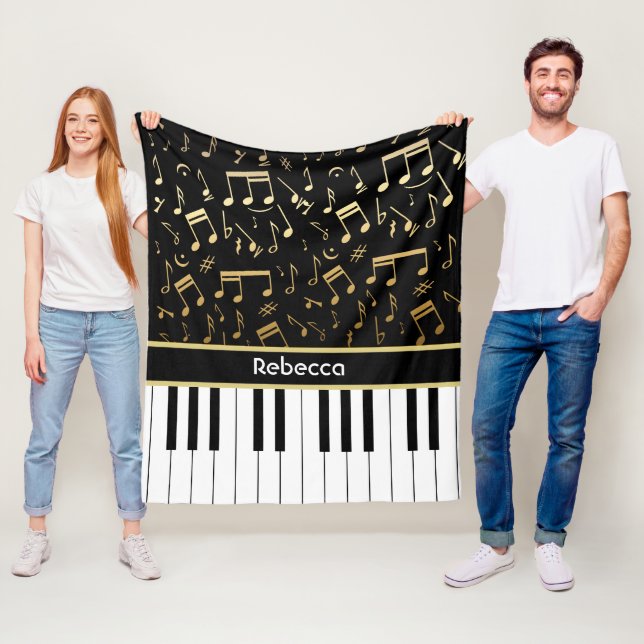 Personalised golden notes and piano keys fleece blanket (In Situ)