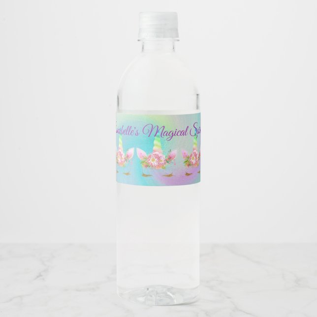 Personalised Golden Rainbow Unicorn Water Bottle Label (Front)