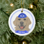 Personalised Golden Retriever Dog Hanukkah Ceramic Tree Decoration<br><div class="desc">Celebrate your favourite mensch on a bench with a personalised ornament! This design features a sweet illustration of a golden retriever dog with a blue and white yarmulke. For the most thoughtful gifts, pair it with another item from my collection! To see more work and learn about this artist, visit...</div>