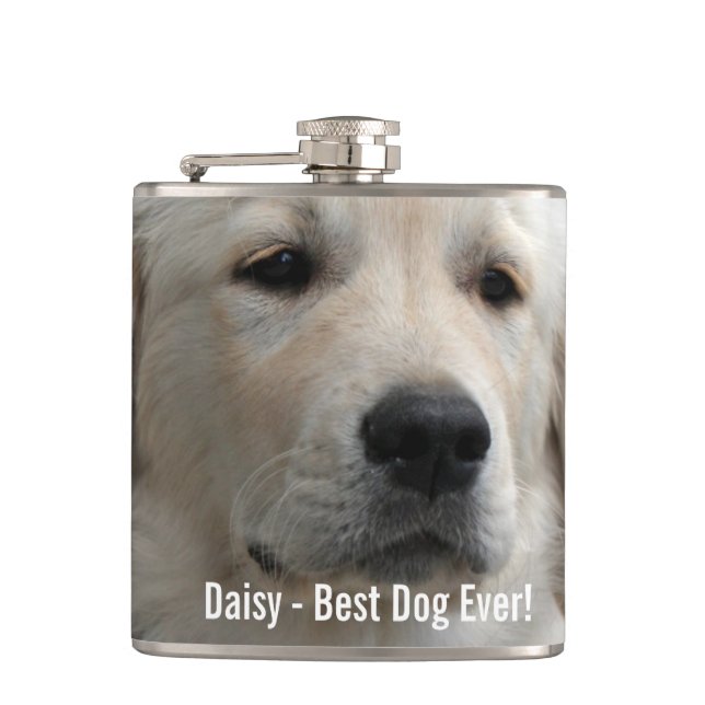 Personalised Golden Retriever Dog Photo and Name Hip Flask (Front)