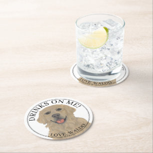 Personalised Golden Retriever Dog Wedding Round Paper Coaster