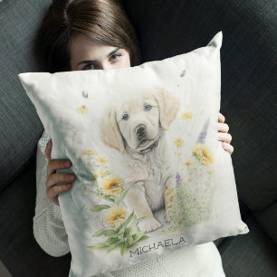 Personalised Golden Retriever Pup in Flowers Cushion