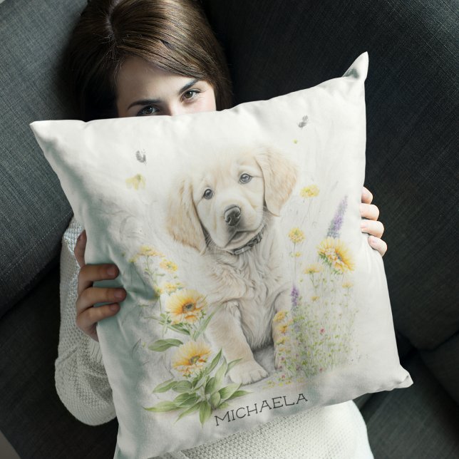 Personalised Golden Retriever Pup in Flowers Cushion (Creator Uploaded)