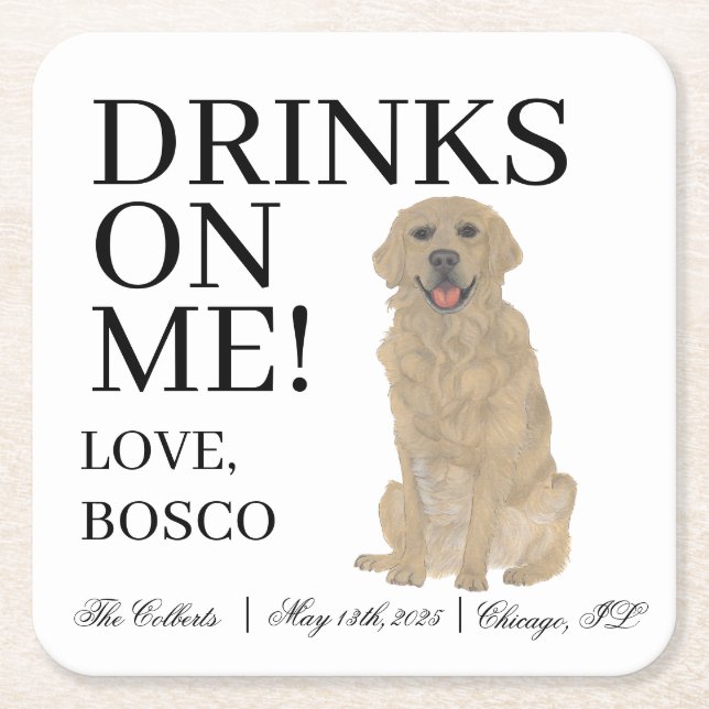 Personalised Golden Retriever Wedding Square Paper Coaster (Front)