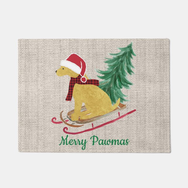 Personalised Golden Retriever Xmas Sled Burlap Doormat (Front)