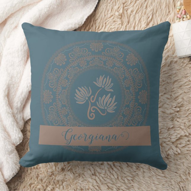 Personalised Golden Teal Rococo Lotus Dot Mandala Cushion (Blanket)