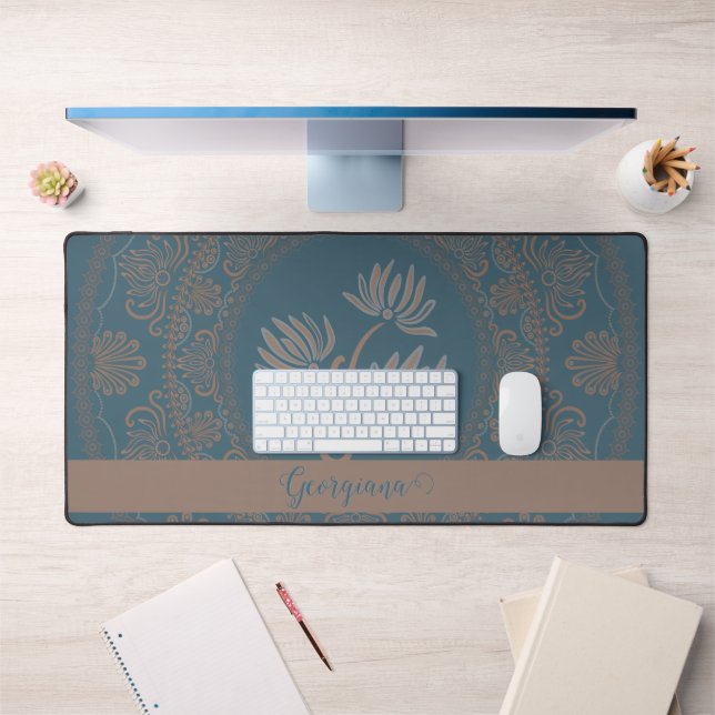Personalised Golden Teal Rococo Lotus Dot Mandala Desk Mat (Office 1)
