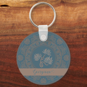 Personalised Golden Teal Rococo Lotus Dot Mandala Key Ring