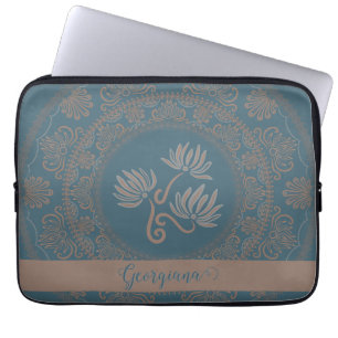 Personalised Golden Teal Rococo Lotus Dot Mandala Laptop Sleeve
