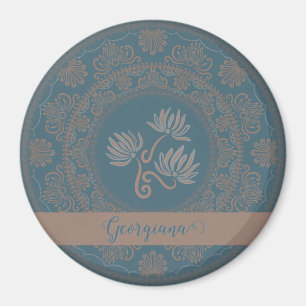 Personalised Golden Teal Rococo Lotus Dot Mandala Magnet