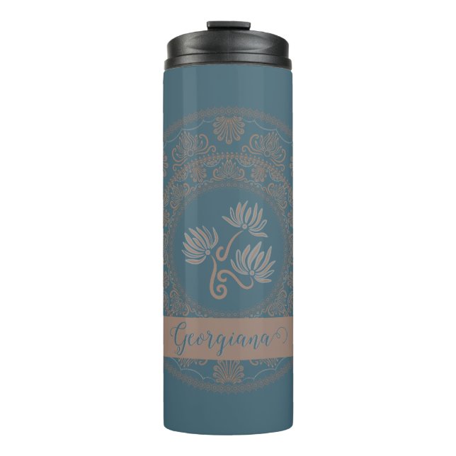 Personalised Golden Teal Rococo Lotus Dot Mandala Thermal Tumbler (Front)