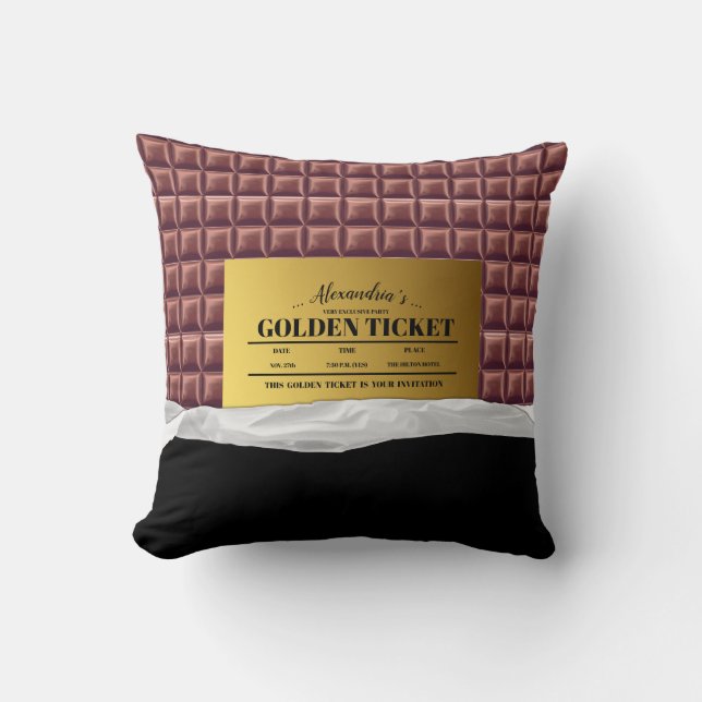 Personalised Golden Ticket Chocolate Bar Cushion (Front)