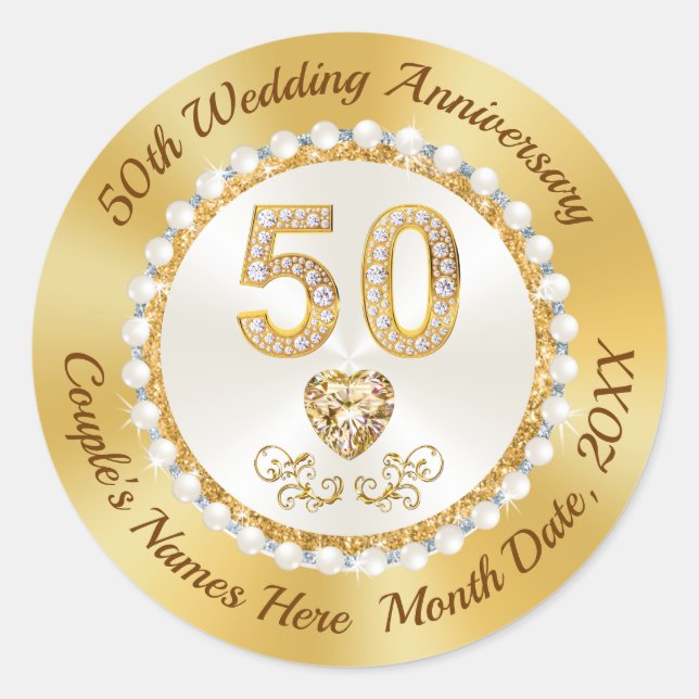 Personalised, Golden Wedding Anniversary Stickers, Classic Round Sticker (Front)
