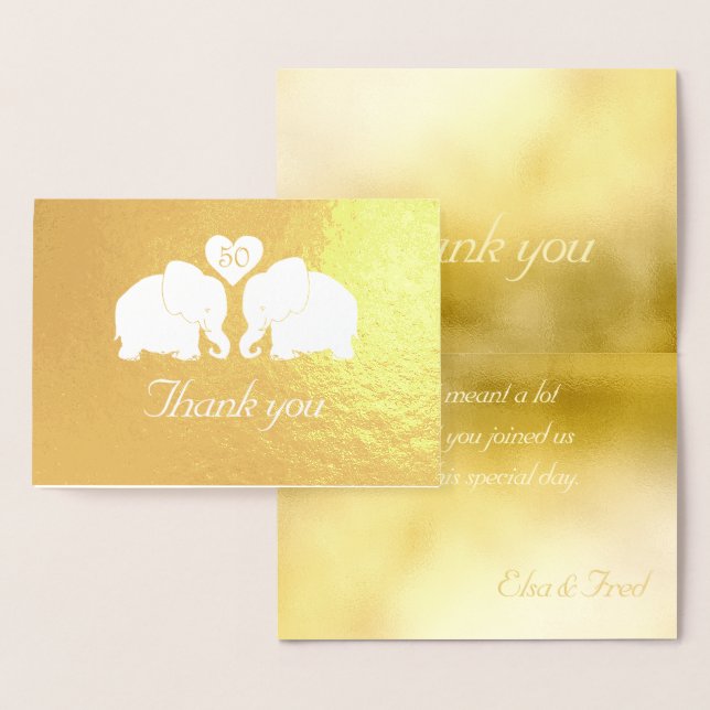 Personalised Golden Wedding Elephants Thank You Foil Card (Display)