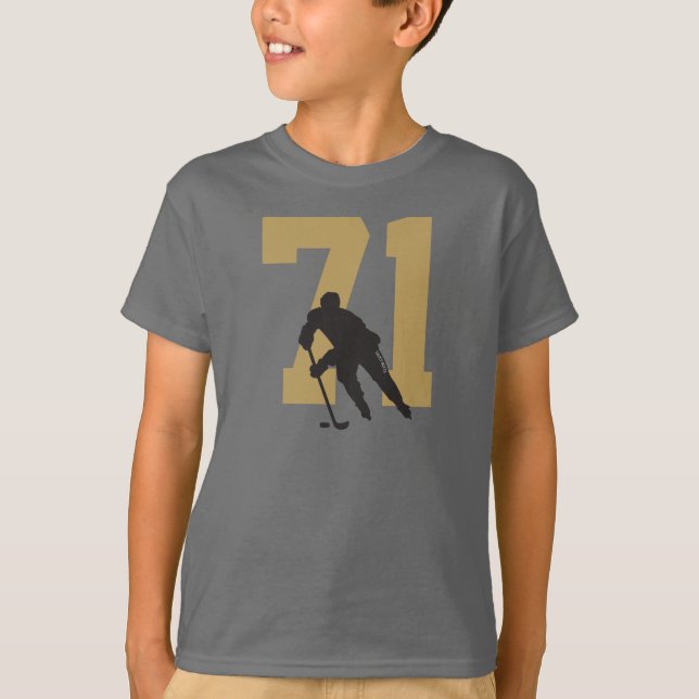 Personalised Golden Youth Hockey Player Number T-Shirt (Front)