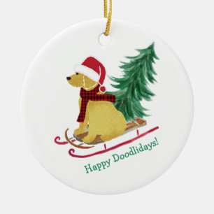 Personalised Goldendoodle Christmas Sled Ceramic Tree Decoration