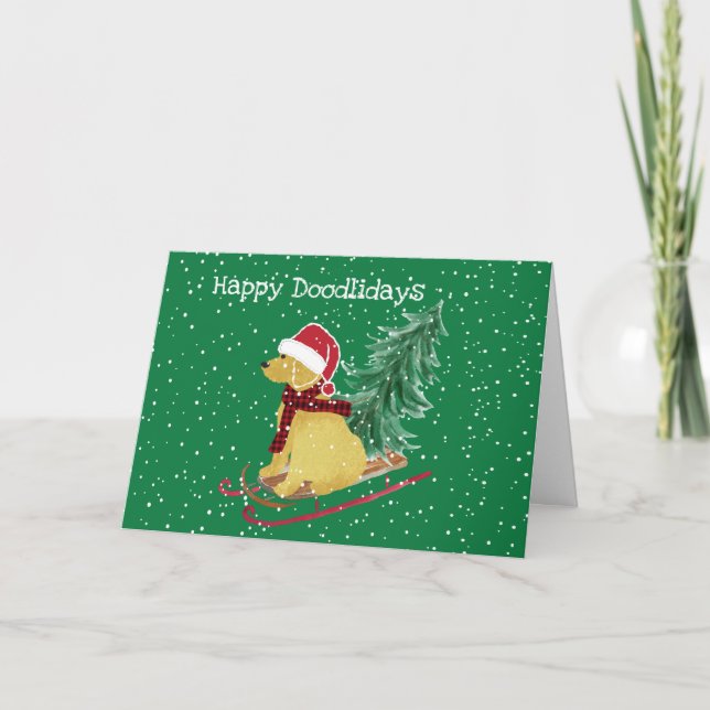 Personalised Goldendoodle Christmas Sled Holiday Card (Front)