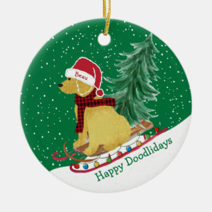 Personalised Goldendoodle Christmas Snow Sled Ceramic Tree Decoration