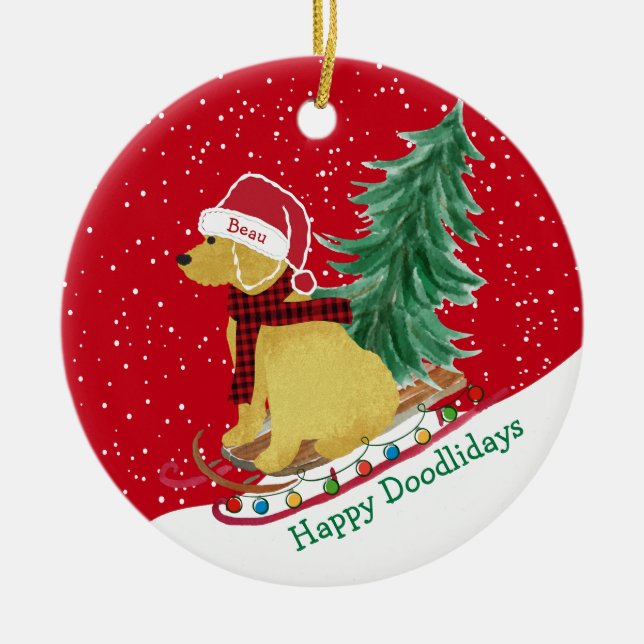 Personalised Goldendoodle Christmas Snow Sled Ceramic Tree Decoration (Front)