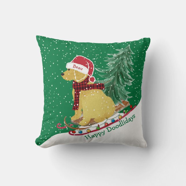 Personalised Goldendoodle Christmas Snow Sled Cushion (Front)