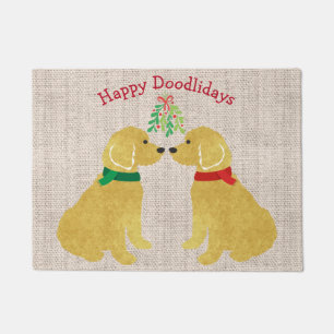 Personalised Goldendoodles Kissing Under Mistletoe Doormat
