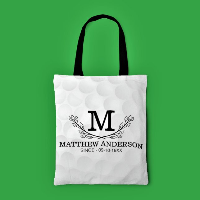 Personalised Golf Ball Pattern Name Monogram Age Tote Bag (Creator Uploaded)