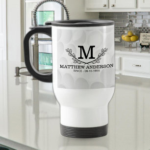 Personalised Golf Ball Pattern Name Monogram Age Travel Mug