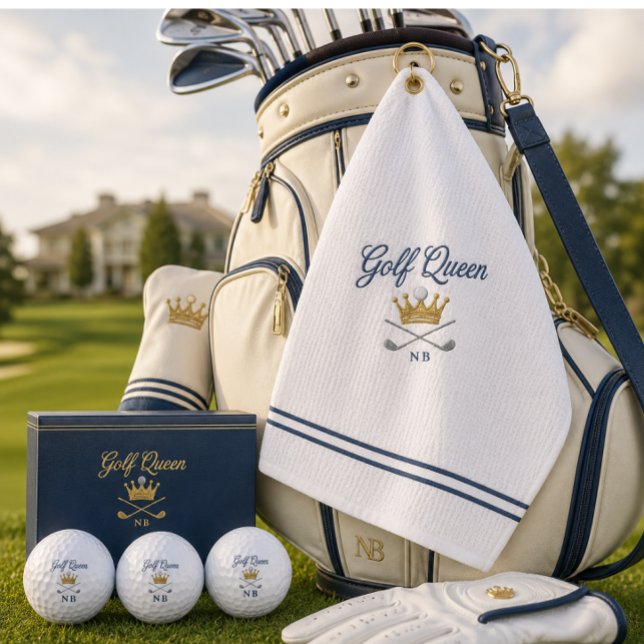 Personalised Golf Balls for Her | Golf Queen  (Luxury Golf Queen towel and personalized golf balls styled for elegant country club gifting.)