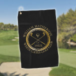 Personalised Golf Club Name Black And Gold Golf Towel<br><div class="desc">Featuring a classic crossed golf clubs and golf ball design and aged stamp effect border,   these golf towels are ideal for all golf clubs and golf club members. Personalise with the name of the club member,  golf club name and the year the golf club was established. Designed by Thisisnotme©</div>