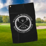 Personalised Golf Club Name Black And White Golf Towel<br><div class="desc">Featuring a classic crossed golf clubs and golf ball design and aged stamp effect border,   these golf towels are ideal for all golf clubs and golf club members. Personalise with the name of the club member,  golf club name and the year the golf club was established. Designed by Thisisnotme©</div>