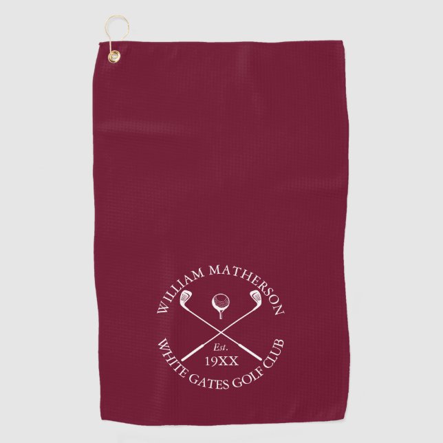 Personalised Golf Club Name Burgundy Red Towel (Front)