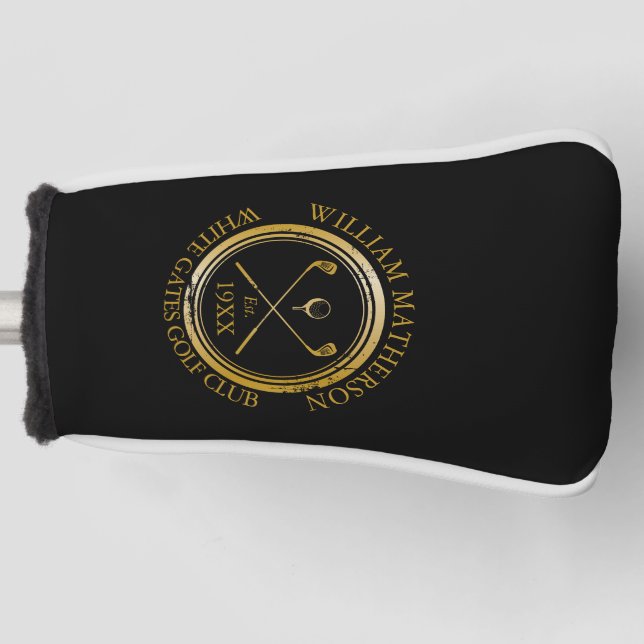 Personalised Golf Club Name Custom Gold And Black Golf Head Cover (Front)